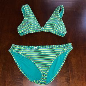 💙 2 for $24-Aerie lime green & blue stripe deep v-neck bikini top&bottom sz med
